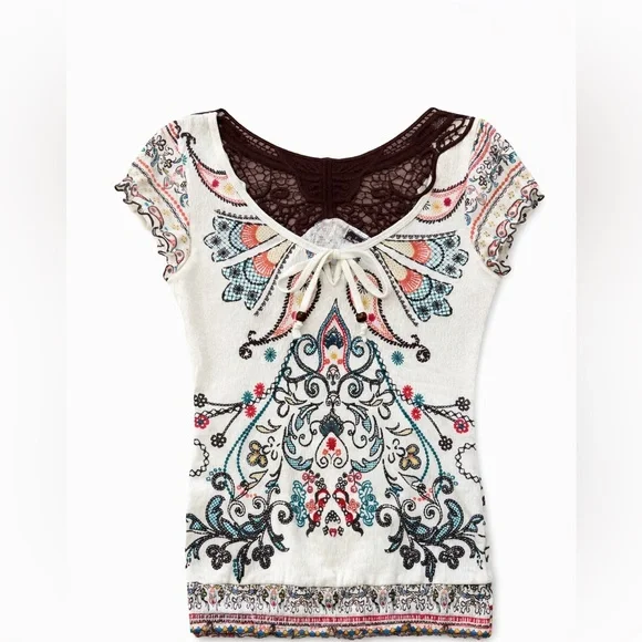 Almost Famous Y2K Babydoll Top Fairy Sheer Lace Butterfly Cap Sleeves Gauze sz M - Picture 4 of 5